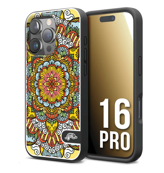 CUSTOMIZZA - Custodia cover nera morbida in tpu compatibile per iPhone 16 PRO mandala colorato fiore nuvole arancione