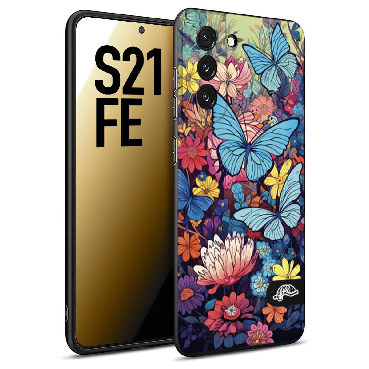 CUSTOMIZZA - Custodia cover nera morbida in tpu compatibile per Samsung S21 FE farfalle butterfly moderno donna disegnate gialla blu rosa