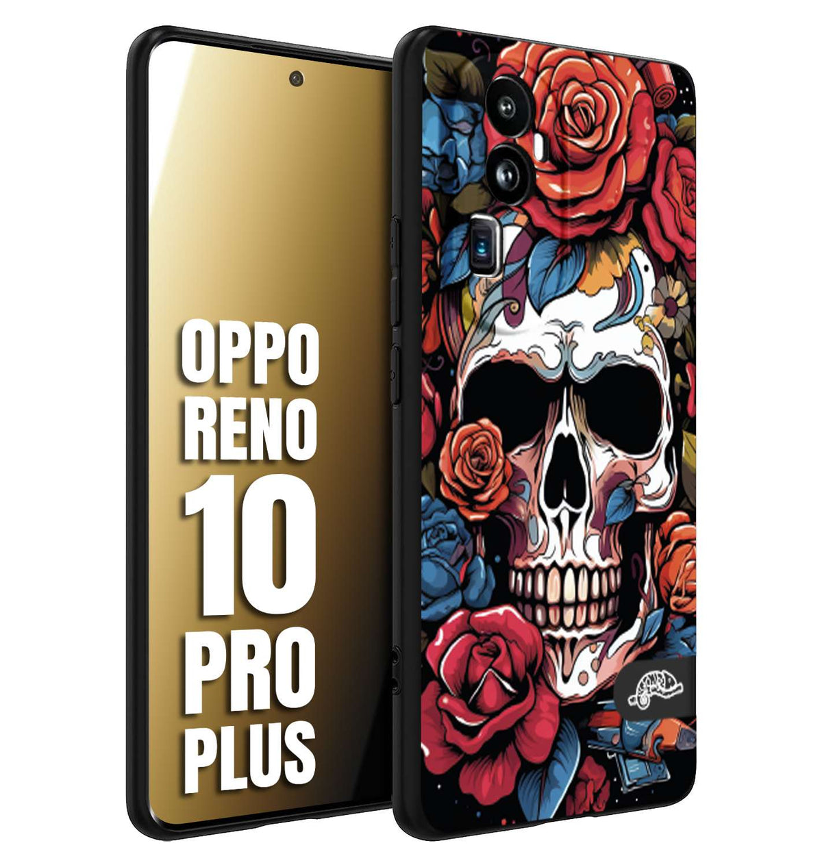 CUSTOMIZZA - Custodia cover nera morbida in tpu compatibile per Oppo Reno 10 PRO PLUS teschio skull flowers fiori rose rosse tattoo disegnato
