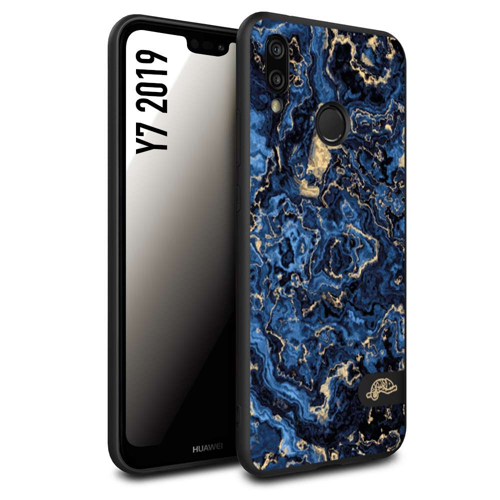 CUSTOMIZZA - Custodia cover nera morbida in tpu compatibile per Huawei Y7 2019 effetto marmo marble blu venature dorato psichedelico