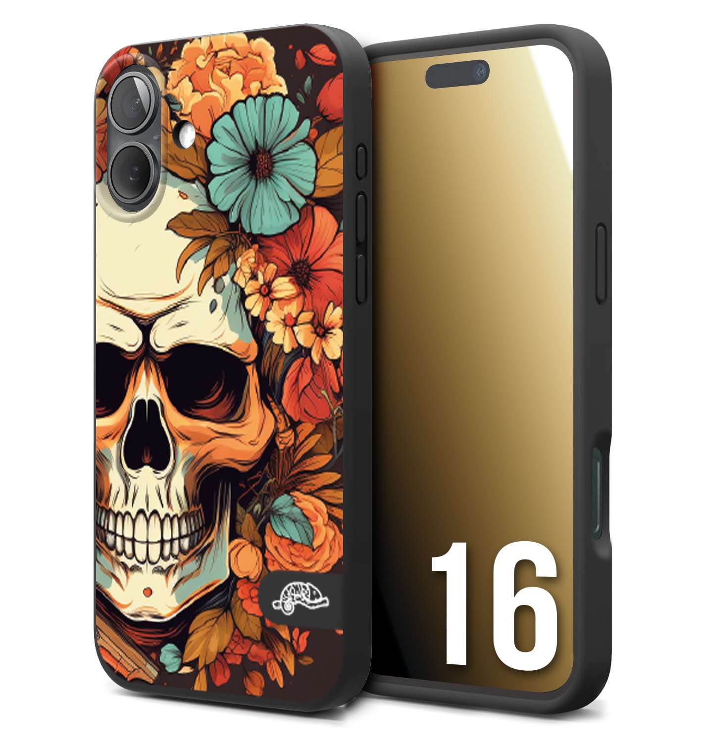 CUSTOMIZZA - Custodia cover nera morbida in tpu compatibile per iPhone 16 teschio skull flowers fiori autunnali arancio celeste tattoo