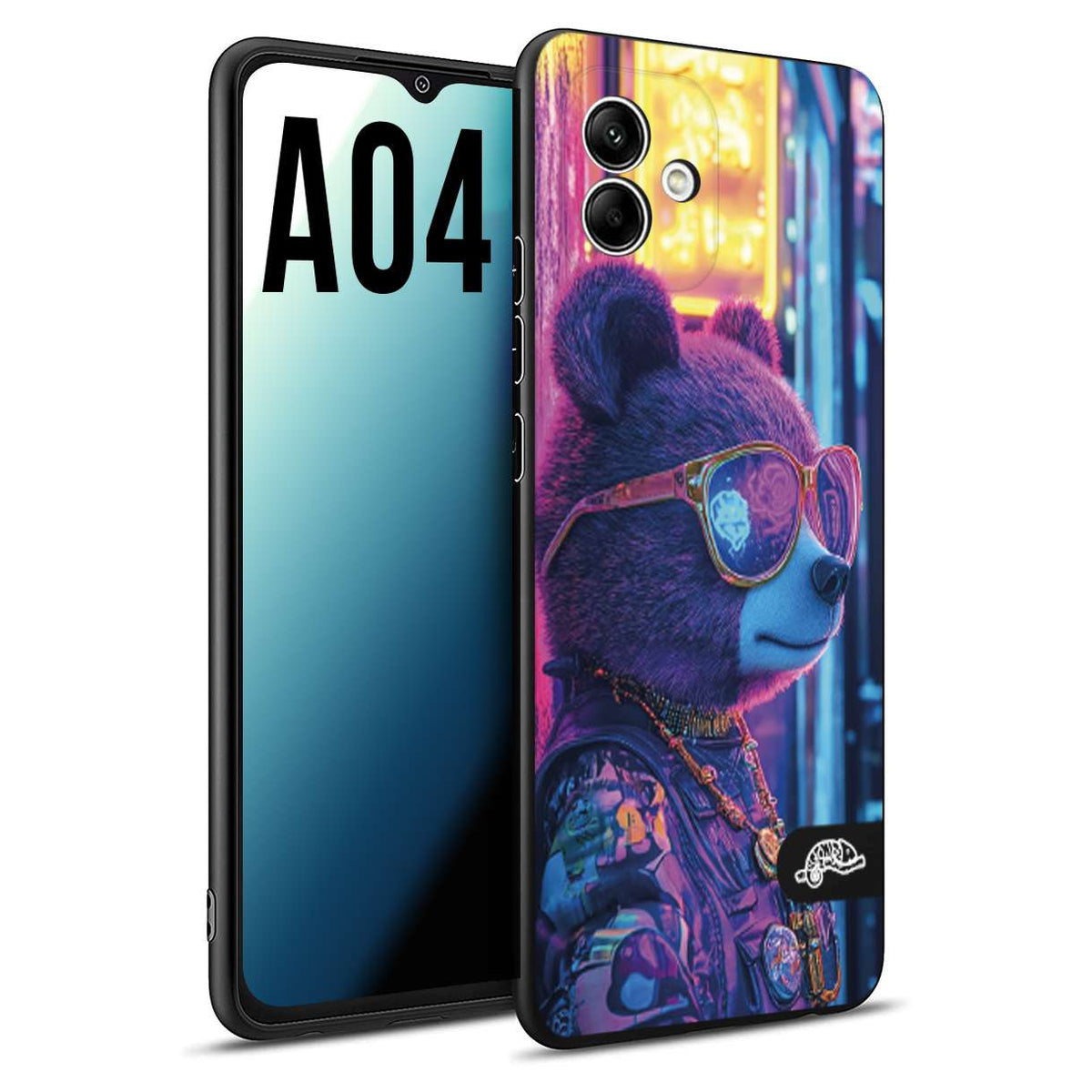 CUSTOMIZZA - Custodia cover nera morbida in tpu compatibile per Samsung A04 animali cyberpunk orsetto orso street bear fucsia blu night