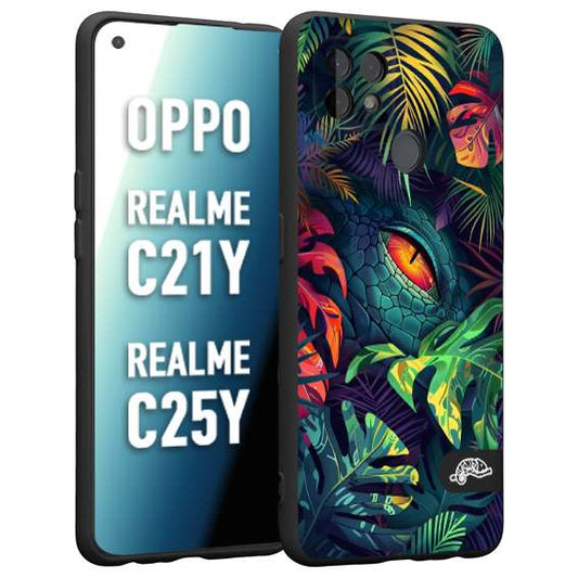 CUSTOMIZZA - Custodia cover nera morbida in tpu compatibile per Realme C21Y - C25Y animali color giungla tropicale occhio di coccodrillo alligatore disegnato