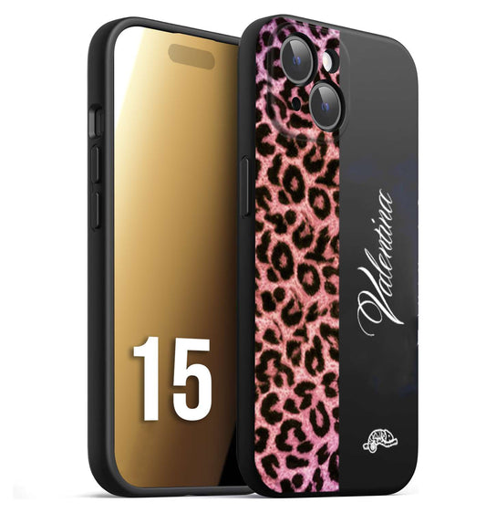 CUSTOMIZZA - Custodia cover nera morbida in tpu compatibile per iPhone 15 leopardato rosa fucsia personalizzata nome iniziali
