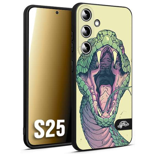CUSTOMIZZA - Custodia cover nera morbida in tpu compatibile per Samsung S25 snake yellow green serpente tatuaggio tattoo disegnato a mano