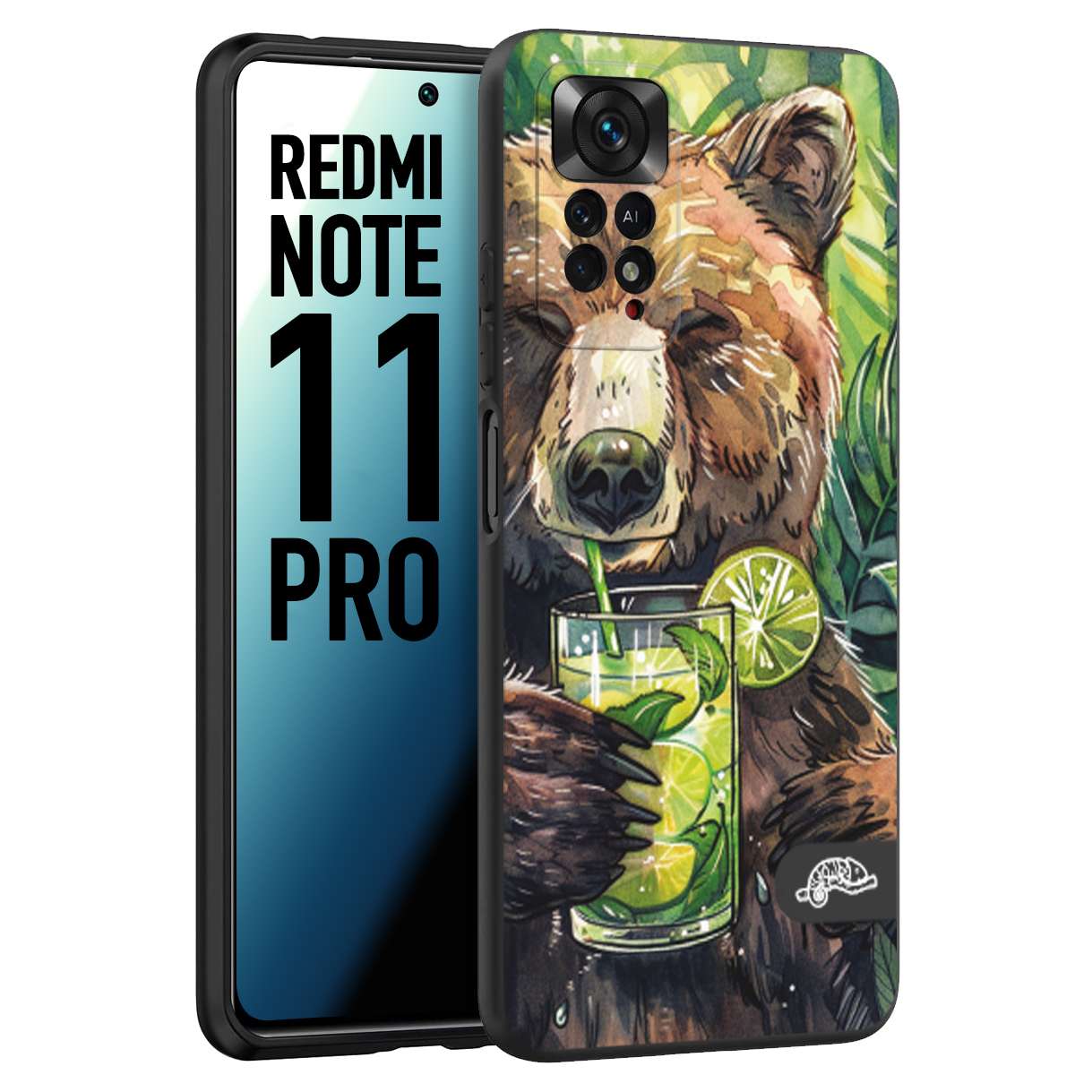 CUSTOMIZZA - Custodia cover nera morbida in tpu compatibile per Xiaomi Redmi Note 11 PRO estate disegnata cocktails animali simpatici orso bear negroni