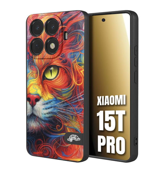 CUSTOMIZZA - Custodia cover nera morbida in tpu compatibile per Xiaomi 15T PRO animali color cat gatto viso colori vibranti disegnato schizzo