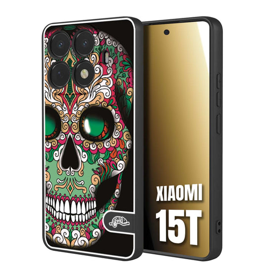 CUSTOMIZZA - Custodia cover nera morbida in tpu compatibile per Xiaomi 15T teschio messicano Mexican skull verde fucsia