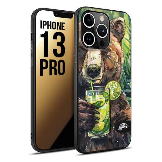 CUSTOMIZZA - Custodia cover nera morbida in tpu compatibile per iPhone 13 PRO estate disegnata cocktails animali simpatici orso bear negroni