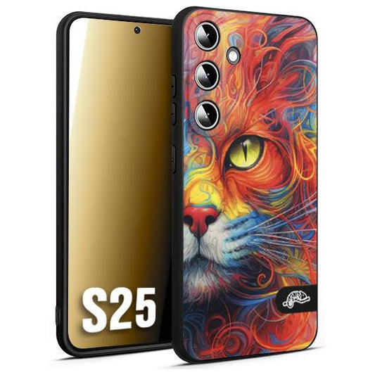 CUSTOMIZZA - Custodia cover nera morbida in tpu compatibile per Samsung S25 animali color cat gatto viso colori vibranti disegnato schizzo