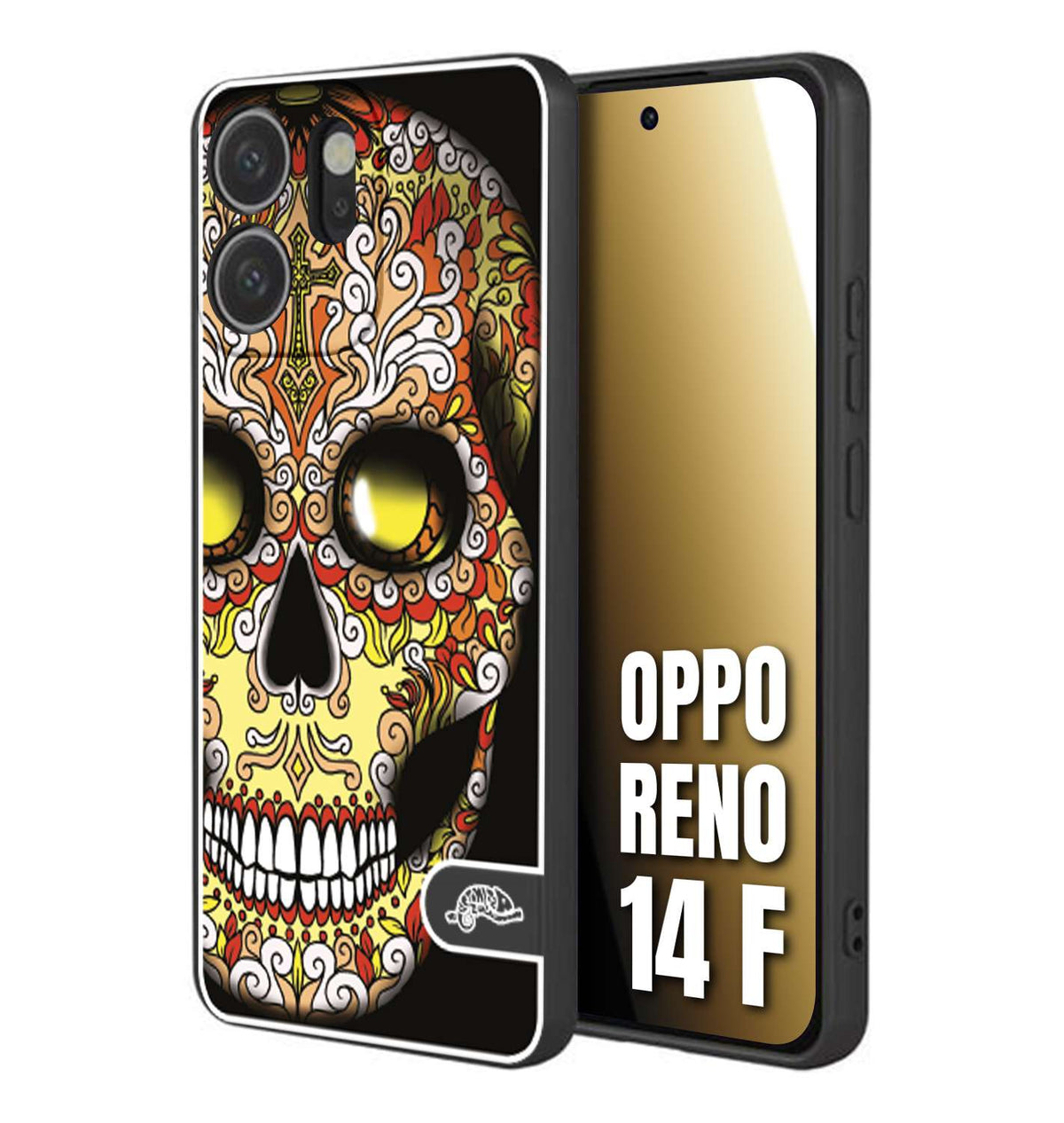 CUSTOMIZZA - Custodia cover nera morbida in tpu compatibile per Oppo Reno 14 F teschio messicano Mexican skull giallo rosso arancio