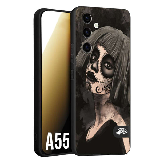 CUSTOMIZZA - Custodia cover nera morbida in tpu compatibile per Samsung A55 5G chicana messicana dea de la muerte donna santa tattoo disegnata