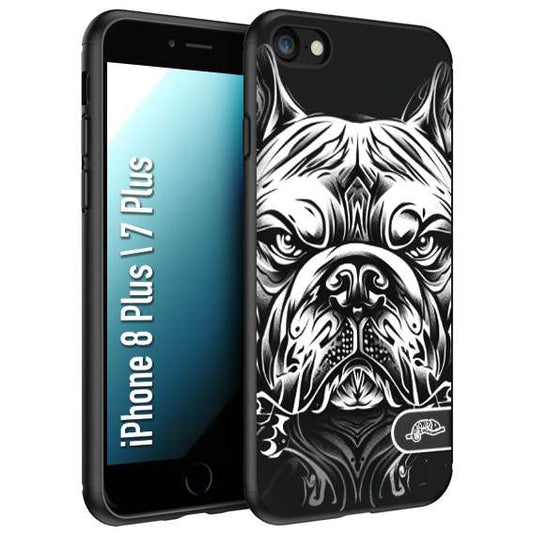 CUSTOMIZZA - Custodia cover nera morbida in tpu compatibile per iPhone 7 Plus - 8 plus bulldog bianco a rilievo disegnato tattoo tatuaggio
