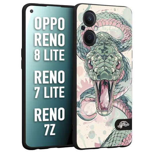 CUSTOMIZZA - Custodia cover nera morbida in tpu compatibile per Oppo Reno 7 Lite - 8 Lite - 7Z snake pink green serpente tatuaggio tattoo disegnato a mano