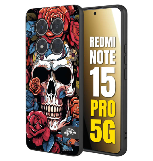 CUSTOMIZZA - Custodia cover nera morbida in tpu compatibile per Xiaomi Redmi Note 15 PRO 5G teschio skull flowers fiori rose rosse tattoo disegnato