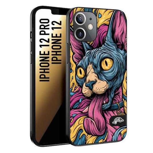 CUSTOMIZZA - Custodia cover nera morbida in tpu compatibile per iPhone 12 - 12 PRO Sphynx Colorato Pop Art Psichedelico Gatto Blu Rosa Giallo Artistica Fantasy