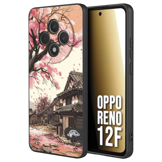 CUSTOMIZZA - Custodia cover nera morbida in tpu compatibile per Oppo Reno 12F casa giapponese rosa ciliegio in fiore disegnata tattoo