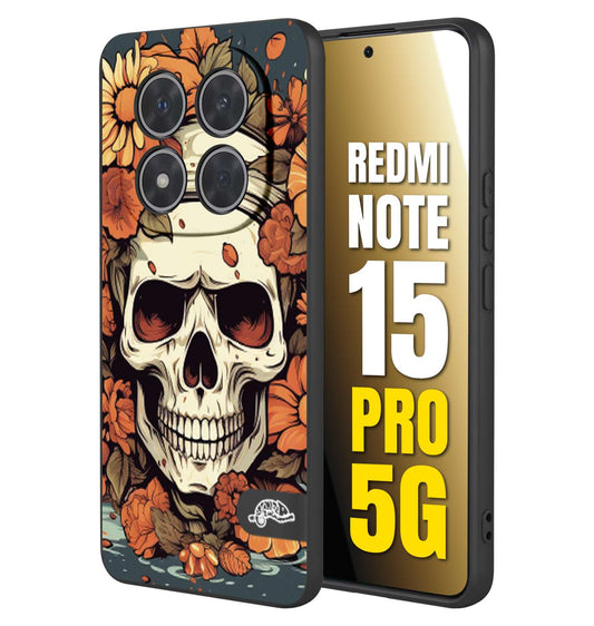 CUSTOMIZZA - Custodia cover nera morbida in tpu compatibile per Xiaomi Redmi Note 15 PRO 5G teschio skull flowers fiori tattoo disegnato alta definizione