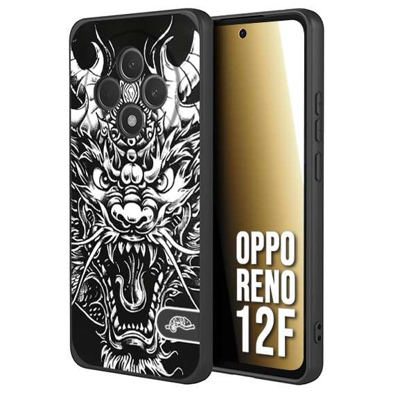 CUSTOMIZZA - Custodia cover nera morbida in tpu compatibile per Oppo Reno 12F drago black and white bianco a rilievo disegnato tattoo tatuaggio