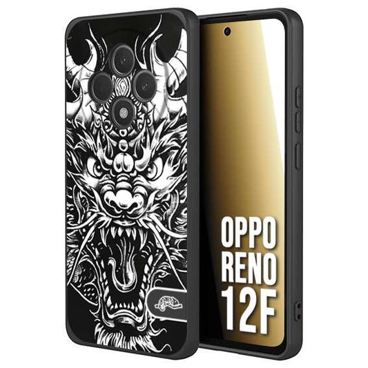 CUSTOMIZZA - Custodia cover nera morbida in tpu compatibile per Oppo Reno 12F drago black and white bianco a rilievo disegnato tattoo tatuaggio