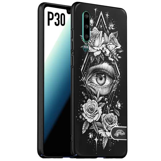 CUSTOMIZZA - Custodia cover nera morbida in tpu compatibile per Huawei P30 occhio fiori rombo geometrico black and white bianco a rilievo disegnato tattoo tatuaggio