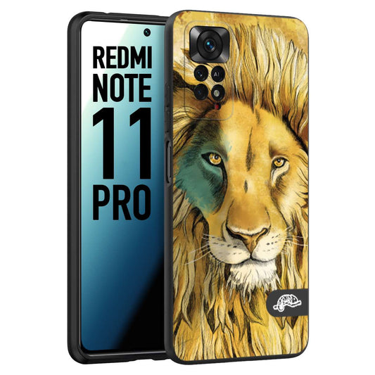 CUSTOMIZZA - Custodia cover nera morbida in tpu compatibile per Xiaomi Redmi Note 11 PRO leone lion disegnato a mano giallo blu a rilievo artistico brown