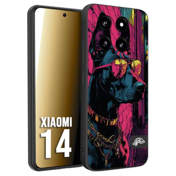 CUSTOMIZZA - Custodia cover nera morbida in tpu compatibile per Xiaomi 14 animali cyberpunk dobermann cane street dog fucsia blu