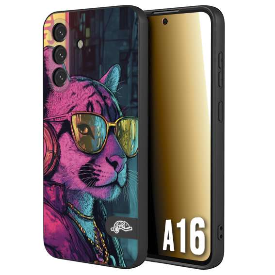CUSTOMIZZA - Custodia cover nera morbida in tpu compatibile per Samsung A16 animali cyberpunk pantera street cat fucsia blu giallo