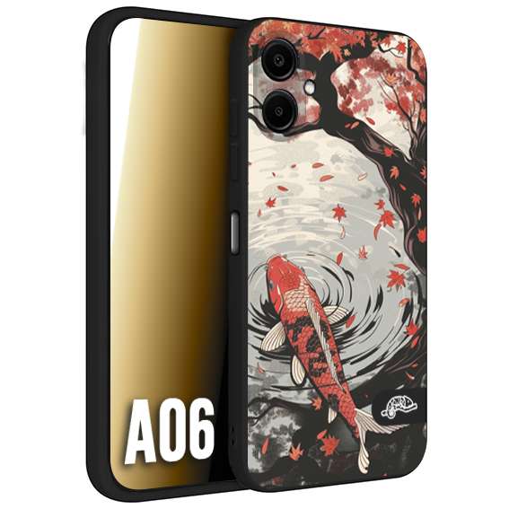 CUSTOMIZZA - Custodia cover nera morbida in tpu compatibile per Samsung A06 giapponese lago carpa koi rossa con foglie d'acero rosso disegnata tattoo