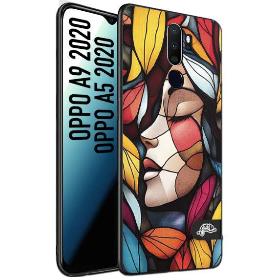 CUSTOMIZZA - Custodia cover nera morbida in tpu compatibile per Oppo A9 2020 - A5 2020 Vetrata artistica volto di donna profilo fogliare mosaico di vetro colorato