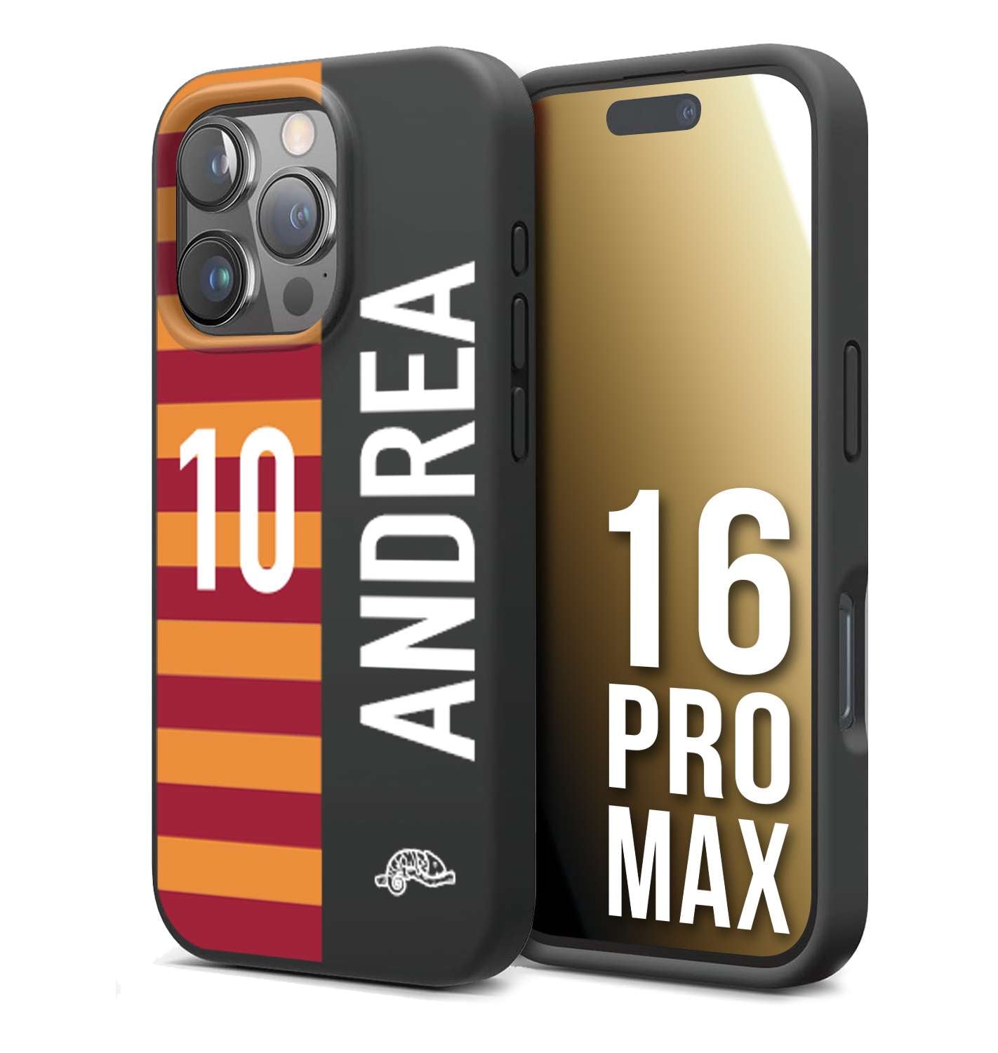 CUSTOMIZZA - Custodia cover nera morbida in tpu compatibile per iPhone 16 PRO MAX personalizzata calcio football nome e numero calciatori giallo rossi