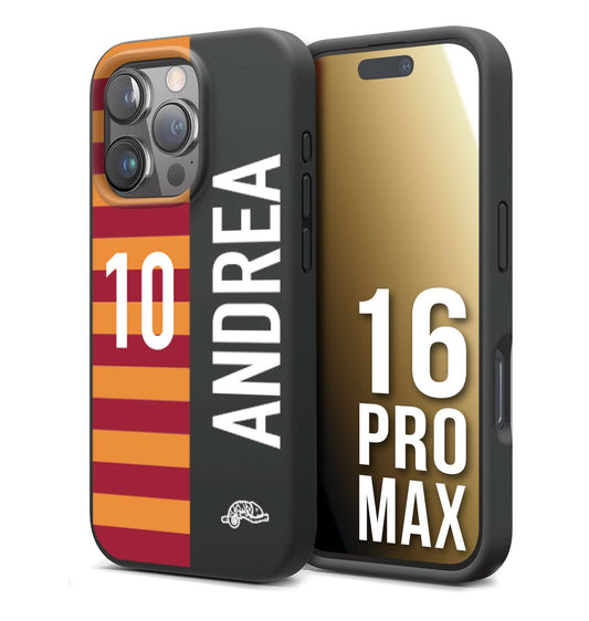 CUSTOMIZZA - Custodia cover nera morbida in tpu compatibile per iPhone 16 PRO MAX personalizzata calcio football nome e numero calciatori giallo rossi