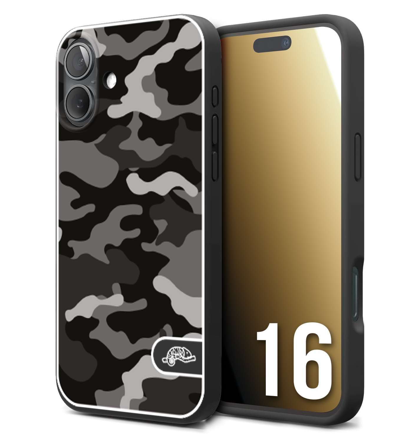 CUSTOMIZZA - Custodia cover nera morbida in tpu compatibile per iPhone 16 camouflage mimetico militare nero black grigio