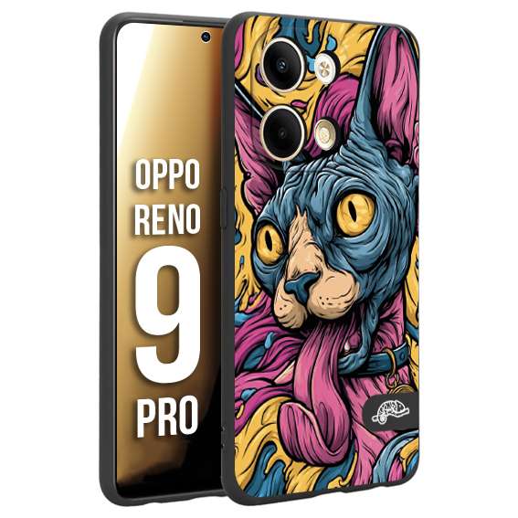 CUSTOMIZZA - Custodia cover nera morbida in tpu compatibile per Oppo Reno 9 PRO Sphynx Colorato Pop Art Psichedelico Gatto Blu Rosa Giallo Artistica Fantasy