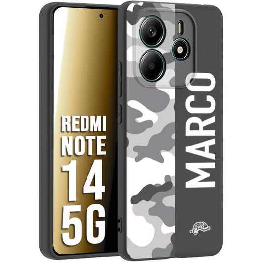 CUSTOMIZZA - Custodia cover nera morbida in tpu compatibile per Xiaomi Redmi Note 14 5G camouflage mimetico militare personalizzata nome bianco