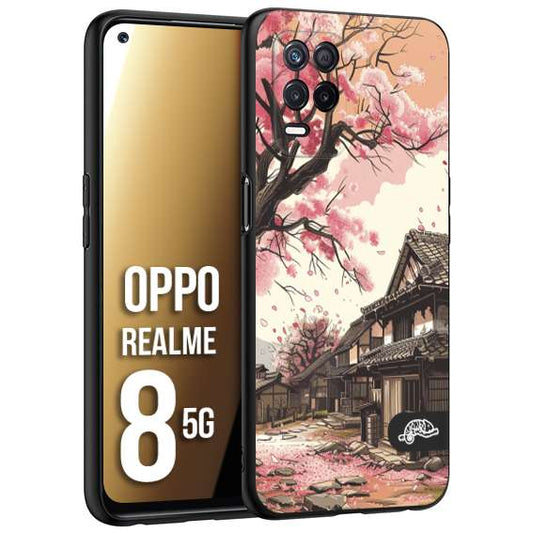 CUSTOMIZZA - Custodia cover nera morbida in tpu compatibile per Realme 8 5G casa giapponese rosa ciliegio in fiore disegnata tattoo