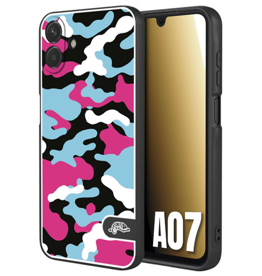 CUSTOMIZZA - Custodia cover nera morbida in tpu compatibile per Samsung A07 camouflage mimetico militare fucsia celeste