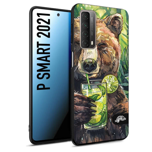 CUSTOMIZZA - Custodia cover nera morbida in tpu compatibile per Huawei P Smart 2021 estate disegnata cocktails animali simpatici orso bear negroni