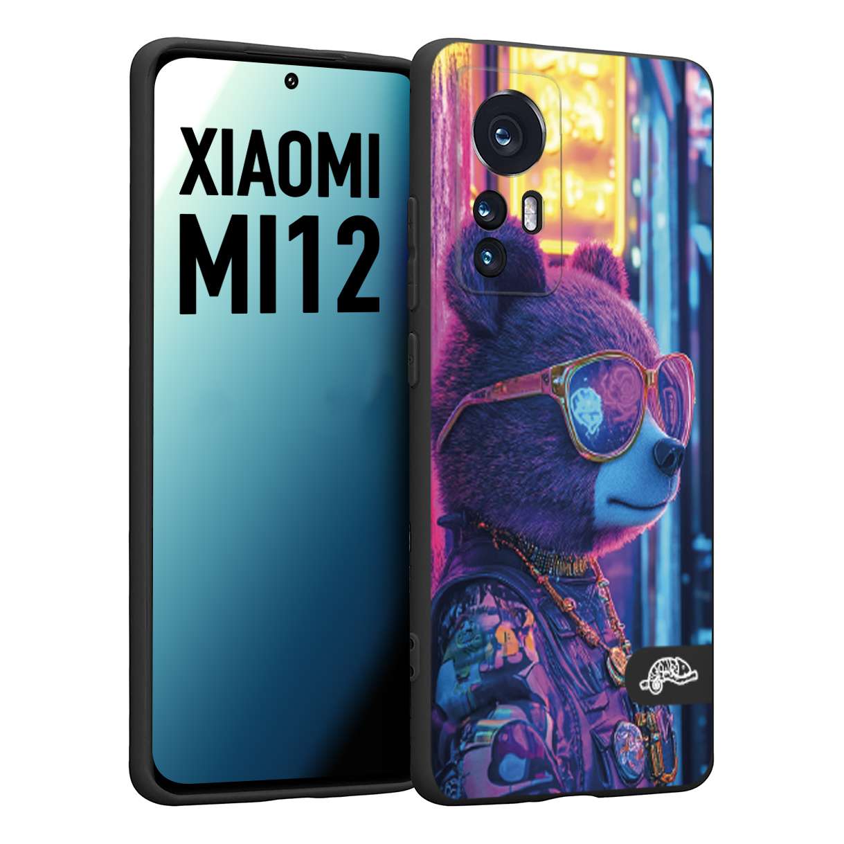 CUSTOMIZZA - Custodia cover nera morbida in tpu compatibile per Xiaomi 12 5G animali cyberpunk orsetto orso street bear fucsia blu night