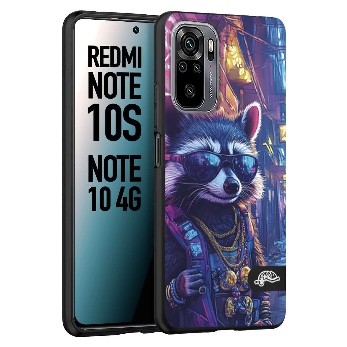 CUSTOMIZZA - Custodia cover nera morbida in tpu compatibile per Xiaomi Redmi Note 10S animali simpatici cyberpunk procione racoon street cat fucsia blu giallo