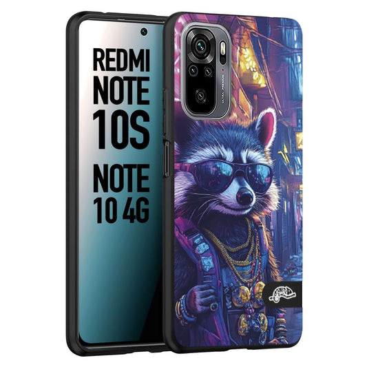 CUSTOMIZZA - Custodia cover nera morbida in tpu compatibile per Xiaomi Redmi Note 10S animali simpatici cyberpunk procione racoon street cat fucsia blu giallo