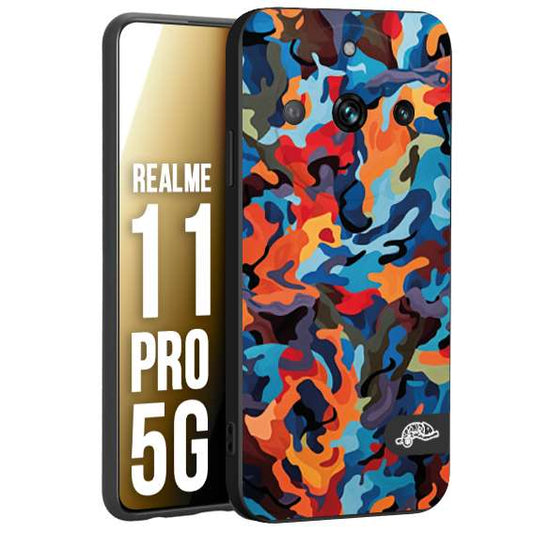 CUSTOMIZZA - Custodia cover nera morbida in tpu compatibile per Oppo Realme 11 PRO 5G camouflage mimetico militare moderno blu arancio rosso