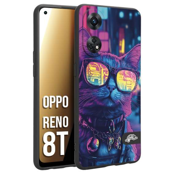 CUSTOMIZZA - Custodia cover nera morbida in tpu compatibile per Oppo Reno 8T animali cyberpunk gatto street cat fucsia blu giallo
