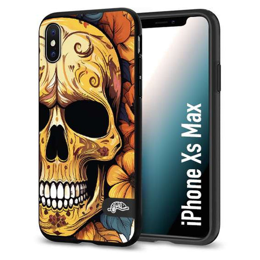 CUSTOMIZZA - Custodia cover nera morbida in tpu compatibile per iPhone XS MAX teschio messicano colorato dorato fiori autunnali disegnato