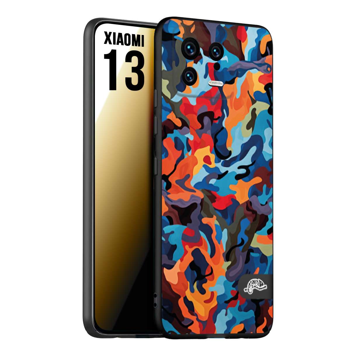 CUSTOMIZZA - Custodia cover nera morbida in tpu compatibile per Xiaomi 13 camouflage mimetico militare moderno blu arancio rosso