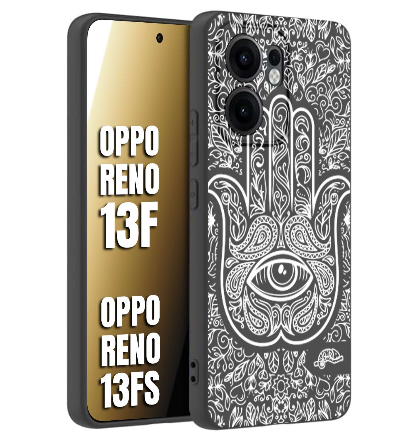 CUSTOMIZZA - Custodia cover nera morbida in tpu compatibile per Oppo Reno 13 F mano di fatima effetto rilievo mandala donna