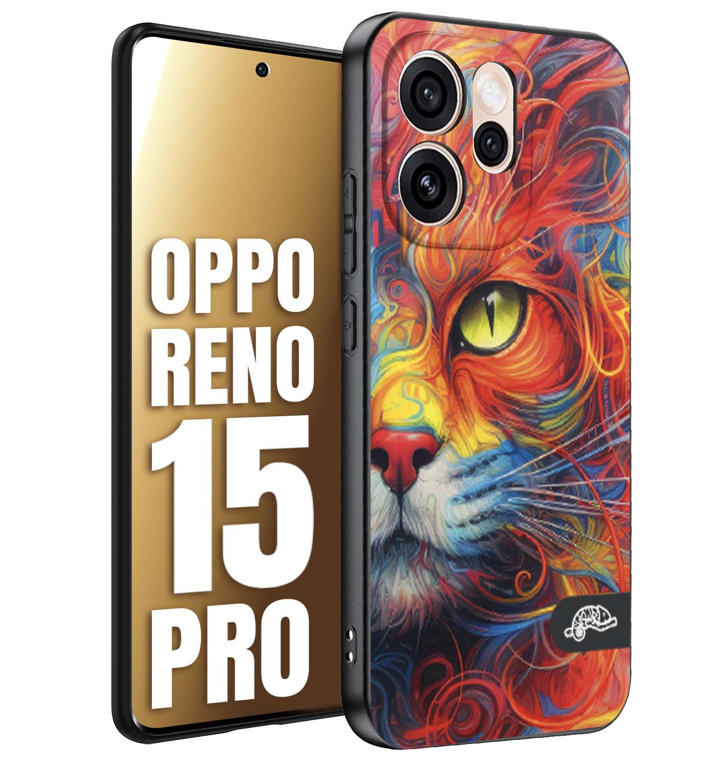 CUSTOMIZZA - Custodia cover nera morbida in tpu compatibile per Oppo Reno 15 PRO animali color cat gatto viso colori vibranti disegnato schizzo