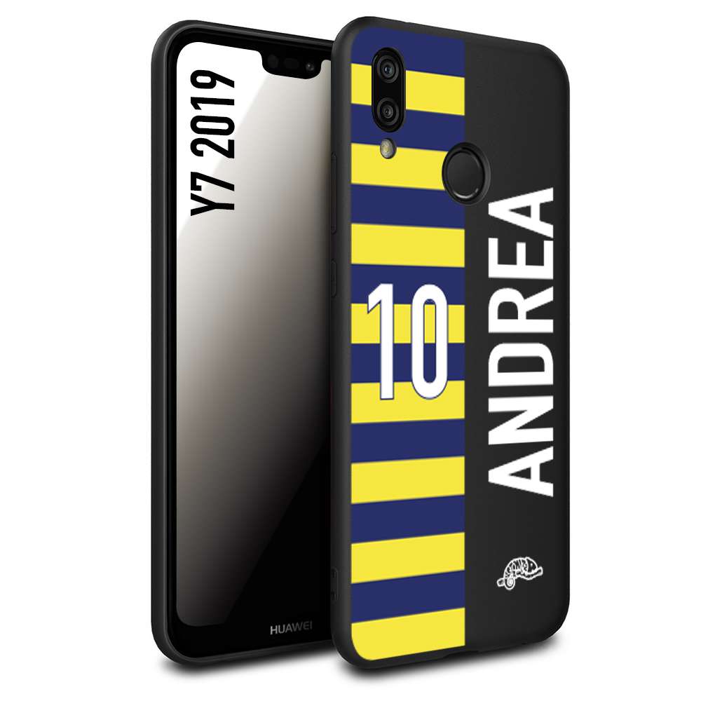 CUSTOMIZZA - Custodia cover nera morbida in tpu compatibile per Huawei Y7 2019 personalizzata calcio football nome e numero calciatori giallo blu