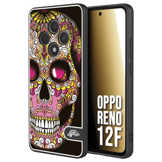CUSTOMIZZA - Custodia cover nera morbida in tpu compatibile per Oppo Reno 12F teschio messicano Mexican skull rosa gialla