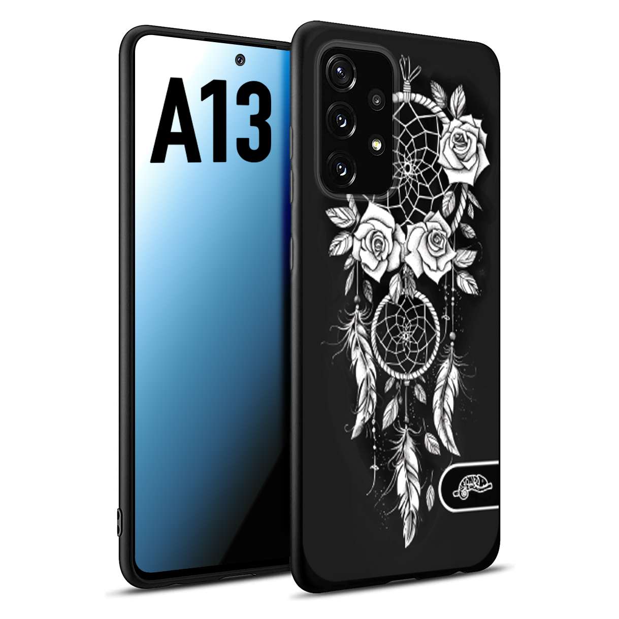 CUSTOMIZZA - Custodia cover nera morbida in tpu compatibile per Samsung A13 acchiappasogni dreamcatcher black and white bianco a rilievo disegnato tattoo tatuaggio